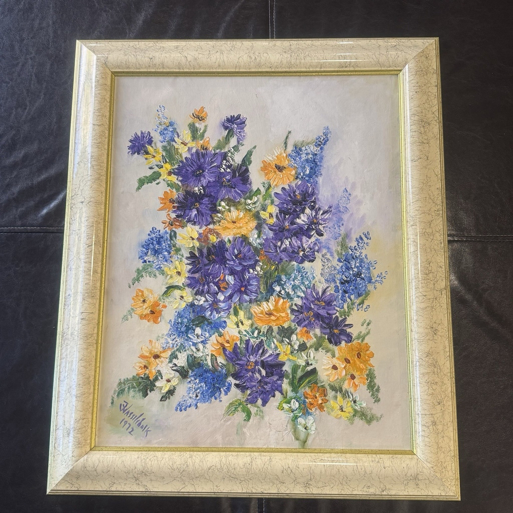 Vtg 1972 Signed Oil Painting Floral Still Life Heavy Impasto Framed 20”x24”